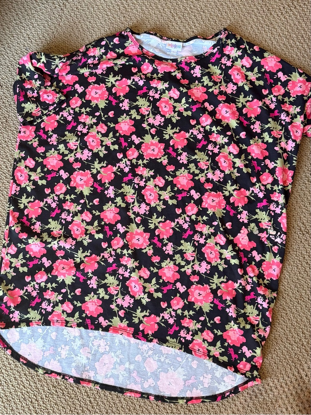 Floral Short Sleeve Top in Black with Pink Flowers and Unicorns